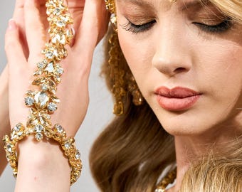 Gold Crystal Hand Chain Bracelet, Prom Accessory, Glamorous Finger Bracelet, Belly Dance Jewelry