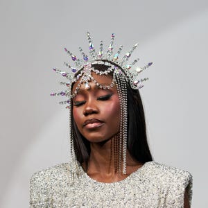 Women and Man Silver Halo Crown, Festival Headpiece, Rhinestone Sunburst Headpiece