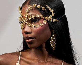 Gold Masquerade Mask with Matching Earrings, Gala Prom Ball