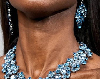 Royal Blue Crystal Necklace & Earring Set, Elegant Jewelry for Weddings, Special Events, Occasions