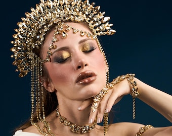 Gouden godinnenkroon, gouden zendspoel voor fotoshoot, bruiloft, festivals en feesten