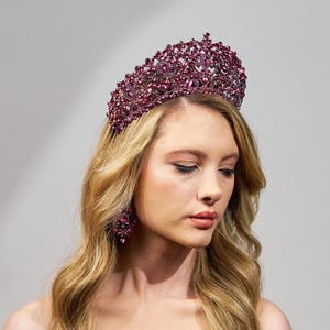 Fuchsia Crystal Bridal Crown and Earring Set: Handmade Statement Tiara