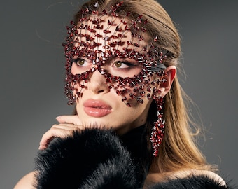 Red Rhinestone Masquerade Mask with Matching Earrings for Festivals, Christmas, Balls, Galas, Proms & Birthday