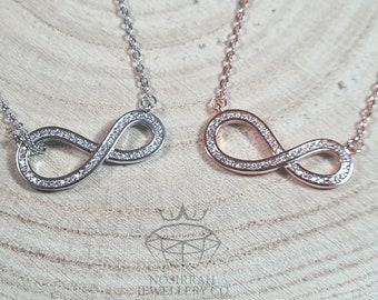 Infinity Sign Necklace Silver and Rose Gold Platinum Plated Cubic Zirconia 2 Colours 18 Inches Fashion Jewellery