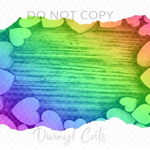 May include: A rainbow gradient background with a distressed wood texture and a border of hearts. The text "Divinyl Cuts" is at the bottom of the image.