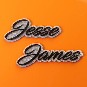 Custom Text Car Badge - Script Font - Type your Own and Choose Your Metallic Flake Colors -  Comes with VHB Tape or Studs, Your Choice!