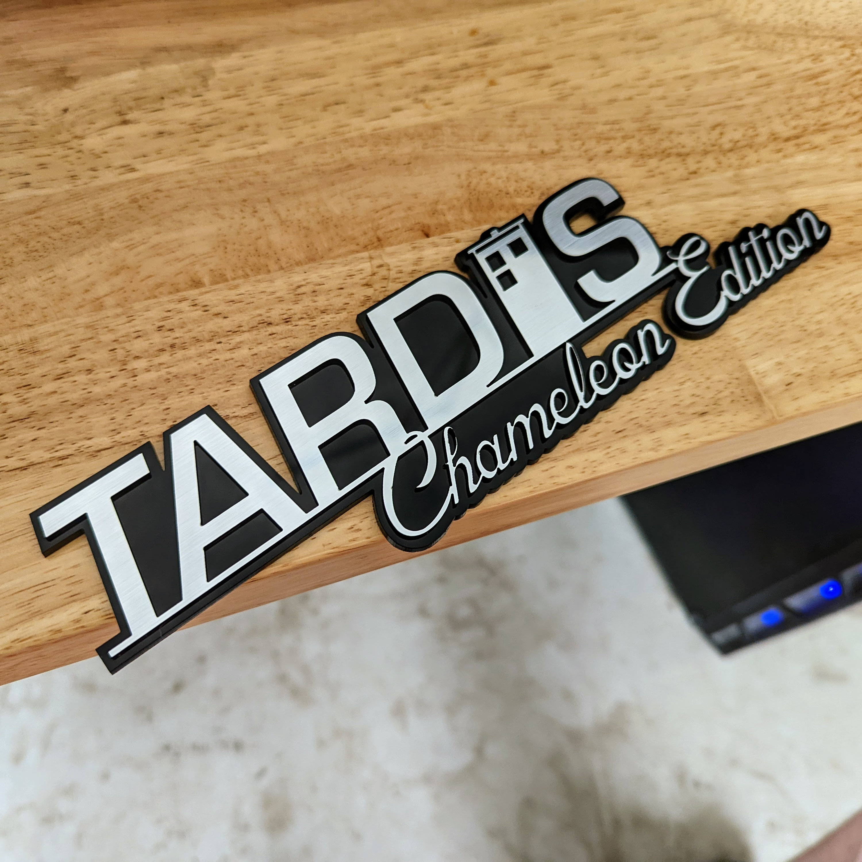 Custom TARDIS Chameleon Edition Car Badge - Brushed and Black - VHB Tape to Mount to Any Flat Surface - Inspired by Dr. Who