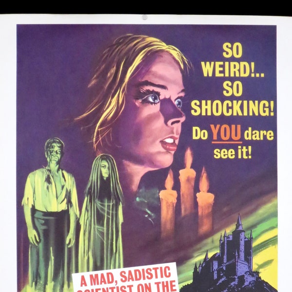 NIGHTMARE CASTLE - Affiche de film originale roulée de 1966 de 30 "X 40" en très bon état. - Superbes images d'horreur ! Barbara Steele étoiles!