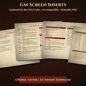 May include: Four off-white game master screen inserts with black and red text. The top reads GM SCREEN INSERTS, Updated for the 2024 rules, 5e compatible, Printable PDF. The bottom reads 6 PANELS, LETTER + A4, INSTANT DOWNLOAD.
