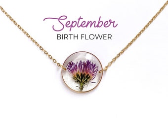 Aster Necklace, September Birth Flower Necklace, Long Lasting Coated Handmade 18k Gold Pressed Flower Necklace, Resin Jewelry, Birthday Gift