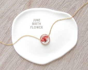Birth Flower Necklace Red Rose June Birth Month Flower Birthday Gift Pressed Flower Resin Jewelry Dainty 18k Gold Necklace