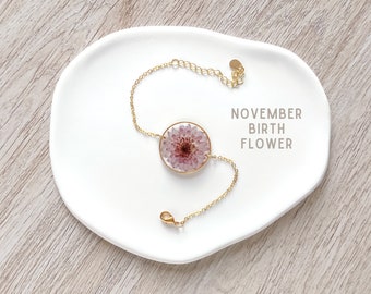 Chrysanthemum November Birth Flower Bracelet Birthday Gift, Long Lasting 18k Gold Pressed Flower Bracelet Resin Jewelry, Birth Month Gift