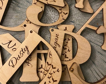 Personalized Wood Letter Tag: Engraved Leaf, Rustic Decor