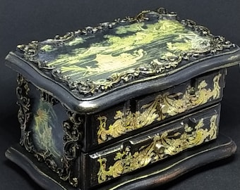 COFFRE à bijoux en bois avec tiroir, chinoiserie victorienne in tapisserie-stijl, fait main, unique, interieur en velours, cadeau, déco maison