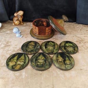 6 Sous-verres en bois exotique avec rangement petite maison pour lutin, couvre-gobelets, Hauteur 12.5 cm, art de table, cadeau unique, rare