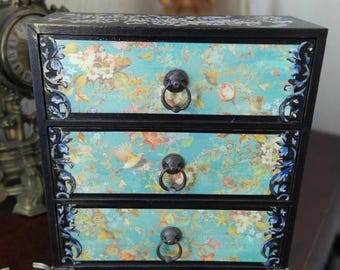 Coffre à bijoux en bois style chinoiserie-victorienne, fait main unique, décor volumineux, Hauteur 28 cm, boîte rangement, cadeau chic luxe