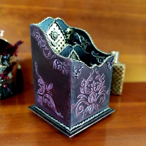 Organisateur de bureau "Soleil et Lune" style Dark Academy, unique, fait main, porte-crayons, rangement, cadeau pour homme, déco maison