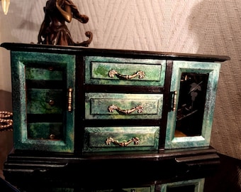 Coffre à bijoux en bois Estilo Barroco imitación pierre, interior en terciopelo de alta calidad, verres gravées, único, fait main, cadeau luxe