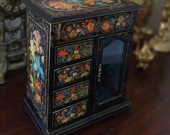 Coffre à bijoux en bois avec tiroirs, inspiration de l'époque Baroque, unique, fait main, intérieur en velours haute qualité, cadeau luxe