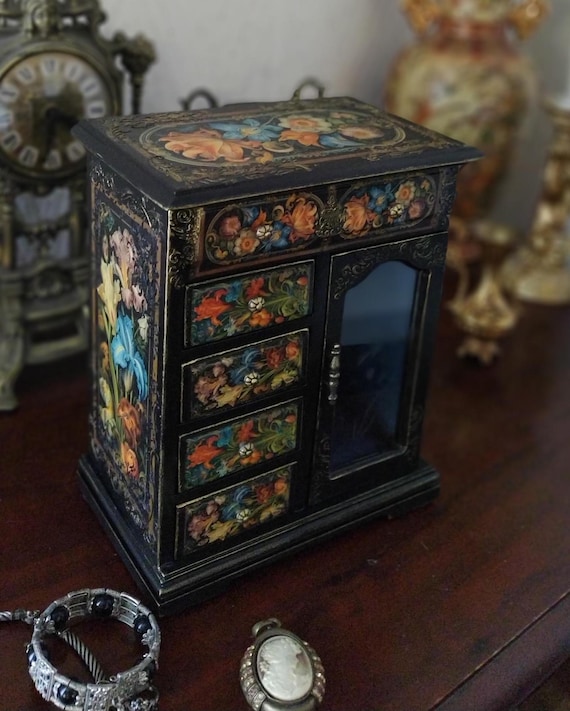 Armoire à bijoux en bois avec tiroirs, inspiration de l'époque Baroque, unique, fait main, intérieur en velours haute qualité, cadeau luxe