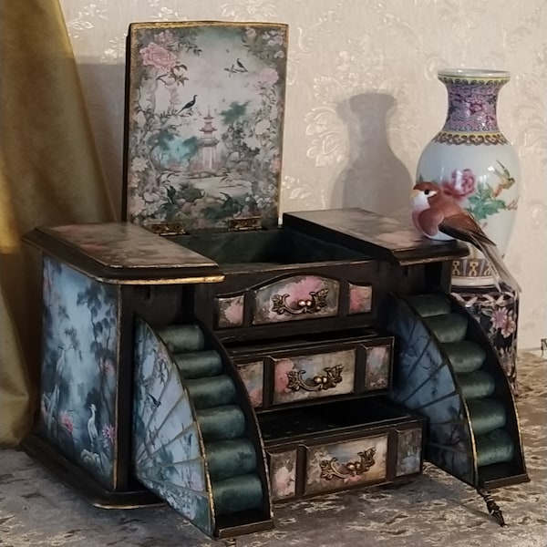 Coffre à bijoux en bois avec tiroirs, style chinoiserie victorienne, fait main, unique, intérieur en velours, boite rangement, déco maison