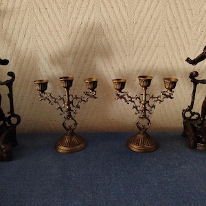 Paire de Chandeliers anciens en laiton 3 porte-bougies à 3 branches, Italie début XXe Art Nouveau, Hauteur 18 cm, déco maison, déco table