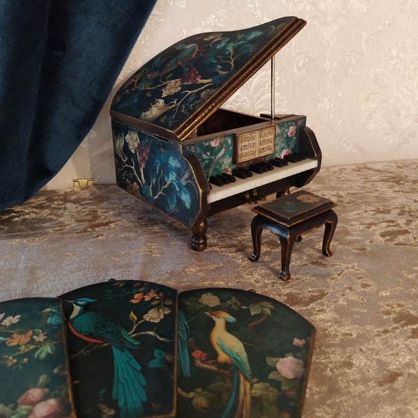 Piano à queue - déco avec 6 dessous de verre et tabouret de piano, Style chinoiserie victorienne, fait main, unique, en bois, cadeau, déco