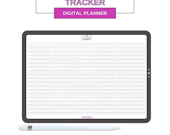 May include: A digital planner with a grid layout for tracking 1000 miles. The planner is displayed on a tablet with a white stylus next to it. The text "1000 Milestone Tracker" and "Digital Planner" is displayed at the top of the image.