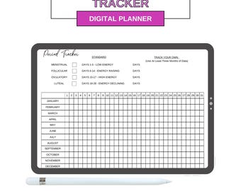 May include: A digital planner for tracking menstrual cycles. The planner includes a calendar grid for each month of the year, with sections for tracking menstrual, follicular, ovulatory, and luteal phases. The planner also includes a section for tracking energy levels throughout the cycle.