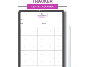 May include: A digital planner with a pink and white 25 Challenge Planner title. The planner has a grid with 25 squares for tracking milestones. The planner has a section for goal, date, and reward.