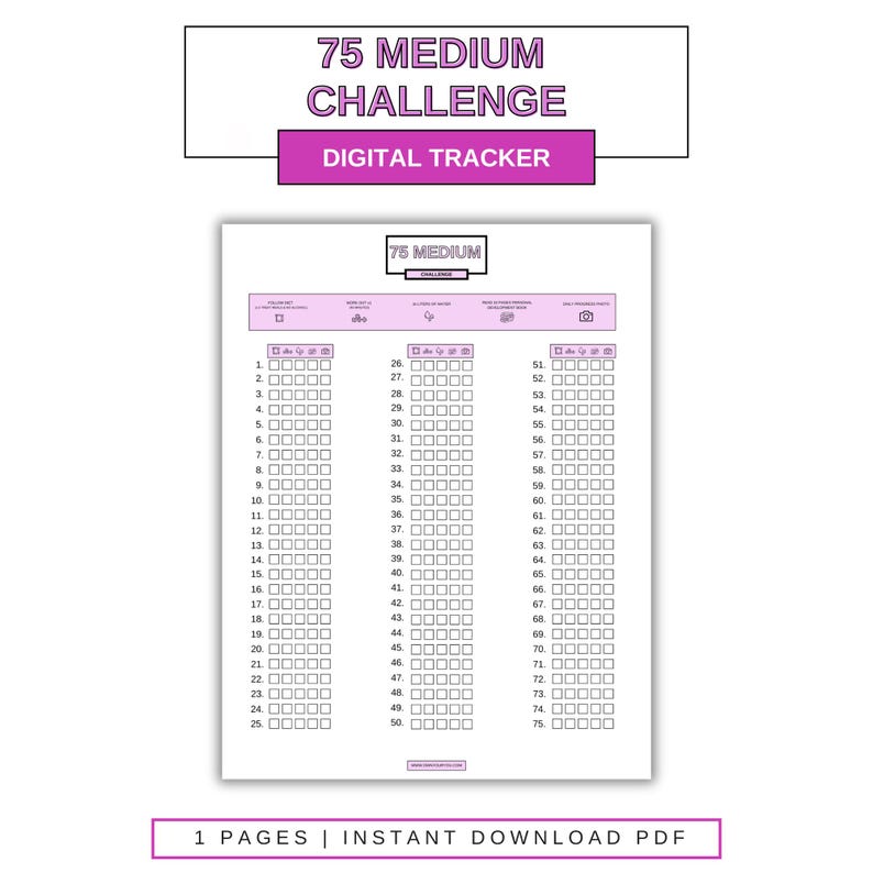 75 Medium Challenge Tracker: Printable Daily Checklist (digital