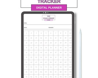 May include: A digital planner on a tablet screen with a white stylus. The planner is designed to track 100 milestones. It has a title that says "100 Milestone Tracker" and "Digital Planner". The planner has a section for a goal, date, and reward.