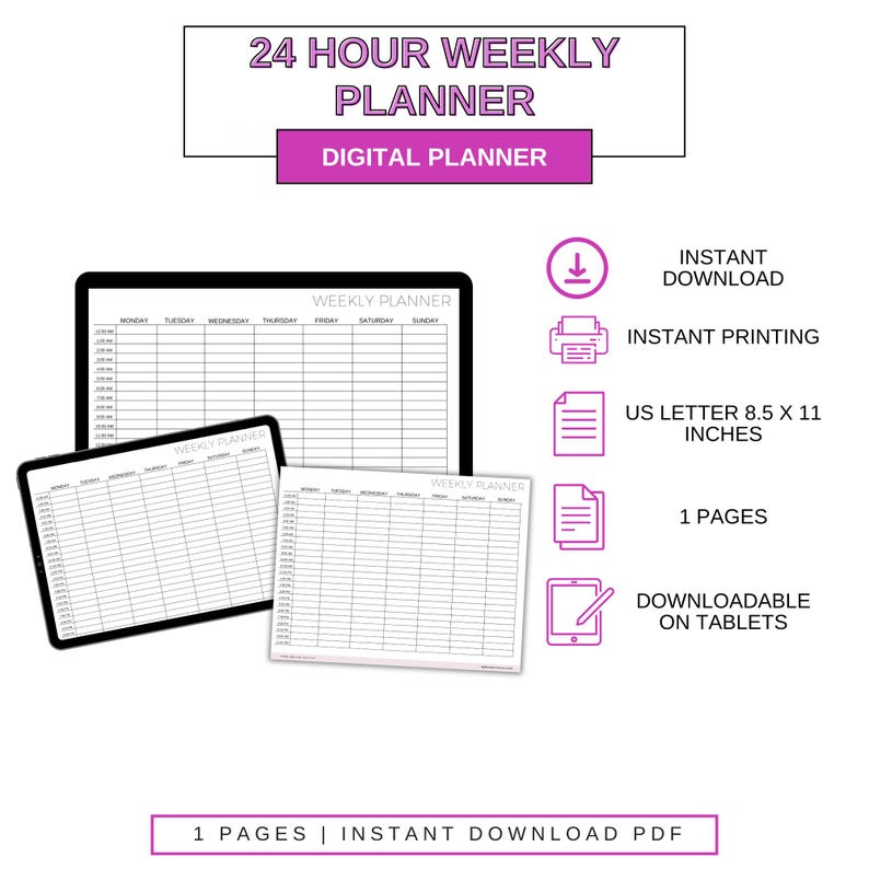 24 Hour Weekly Planner: Printable Hourly Schedule (PDF) - Etsy