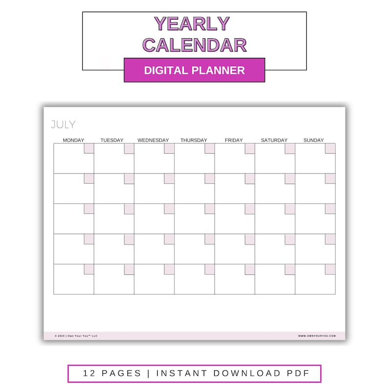 Blank Yearly Calendar Printable: 12-month Overview (digital PDF) - Etsy