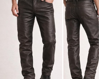 Schwarze Lederhose für Herren - Echtleder Slim Fit Hose - Biker Style Motorradhose für Herbst Winter