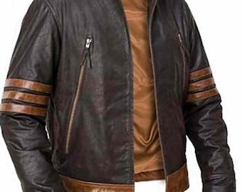 May include: A brown leather jacket with a stand-up collar and a front zip. The jacket features brown stripes on the sleeves and a brown trim at the hem. The interior lining is a light brown colour.