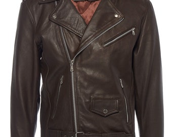 New Men's Handmade Classic Motorcycle Cafe Racer Brown Leather Jacket | Men's Genuine Sheepskin Biker Brown Slim Fit Leather Jacket