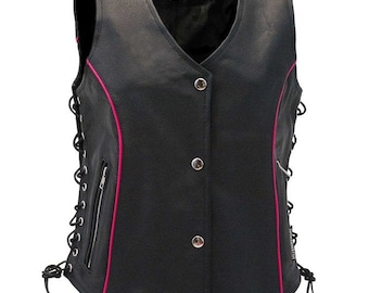 May include: Black leather vest with a V-neck, pink trim, and silver button closures. Features a zippered pocket and lace-up sides. The vest has a small label with an eagle logo.