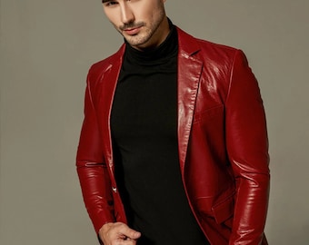 Red Buttoned Goatskin Blazer Leather Jacket for Men stylish and comfortable blazer for every occasions