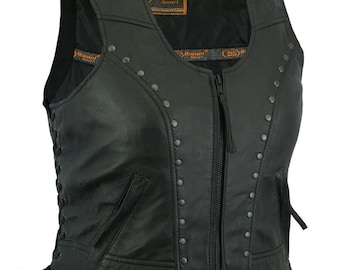 Leren bikervest dames, vintage motorvest, zwart echt vest