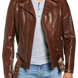 Veste en cuir de vachette souple 100 % faite main pour homme | Blouson moto en cuir d'agneau matelassé marron foncé fait main | Cadeau pour homme | Achetez maintenant !