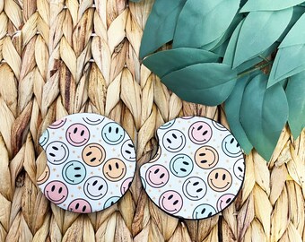Retro Smiley Car Coasters - Groovy Smiley Face Car Coasters with Stars Pattern - Set of 2