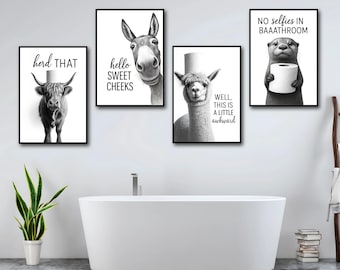 Art mural drôle de salle de bain, art mural de salle de bain, décoration murale d'art de salle de bain, art mural de salle de bain noir et blanc, art mural de salle de bain animal, cadeau farce