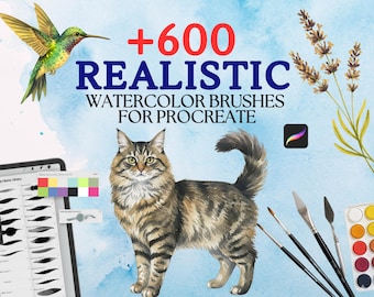 Procreate watercolor bundle. Realistic watercolor +600 brushes. Procreate watercolor spots stamps. Procreate watercolor texture brushes
