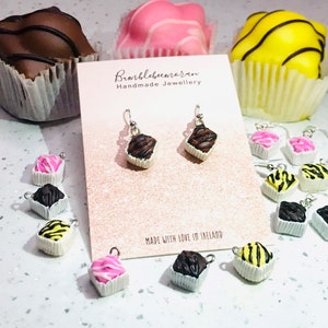 3 pairs of Tea Cake Earrings , pink, chocolate and lemon, vanilla fondant iced cupcakes, fancy French