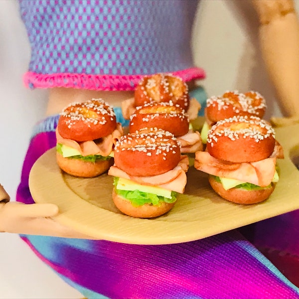 Miniature Swiss Pretzel Bread Buns with ham cheese and lettuce, 6th scale