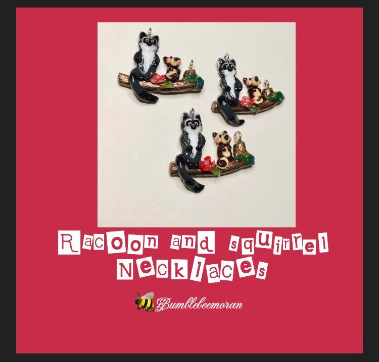 Raccoon and Squirrel handmade pendant charm , Owl and pudgy bird, cute jewellery, woodland critters 