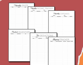 May include: A set of six printable business planner pages with headings for Monthly Sales, Monthly Income Tracker, Monthly Expenses, Product Inventory, Tax Deductions, and Shipping Tracker.