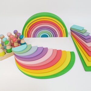Wooden Rainbow Stacking Toy Set 47 pieces,Pastel Rainbow , Building Boards, Montessori Baby Toy, Waldorf Toddler Toys, Christmas