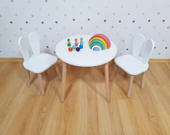 Modern wooden mini kids round playing desk and bunny ear baby chair for toddler-Montessori Handmade Kids activity table and chair, christmas